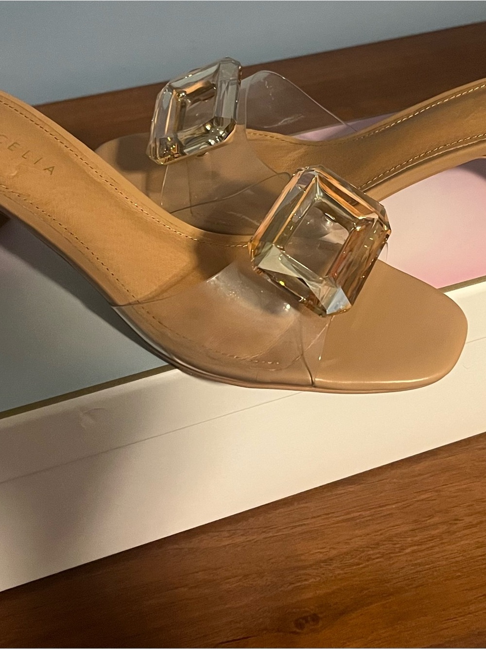 Beige Clear-Strap Slide Sandals with Crystal Buckle